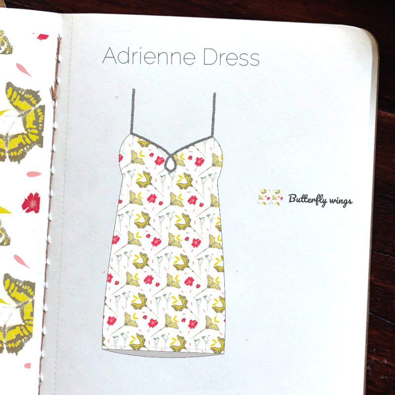 création de design textile Butterfly wings pour la robe Adrienne