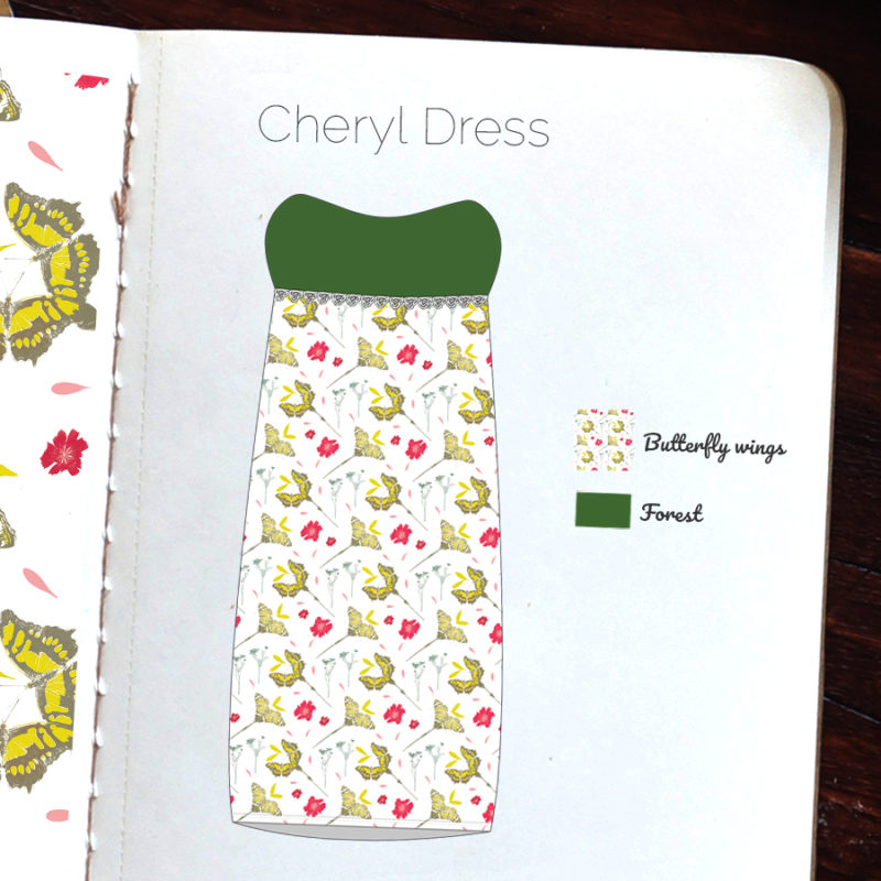 création de design textile Butterfly wings pour la robe Cheryl